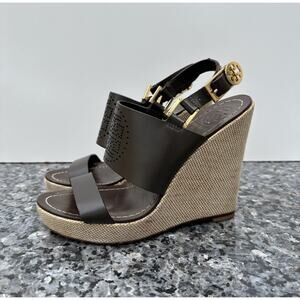 Tory Burch Kimberly Brown Leather Platform Wedge Buckle Strappy Sandals SZ 6.5M